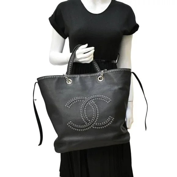 CHANEL  Coco Eyelets Large Leather Shopping Tote Shoulder Black - Picture 2 of 16